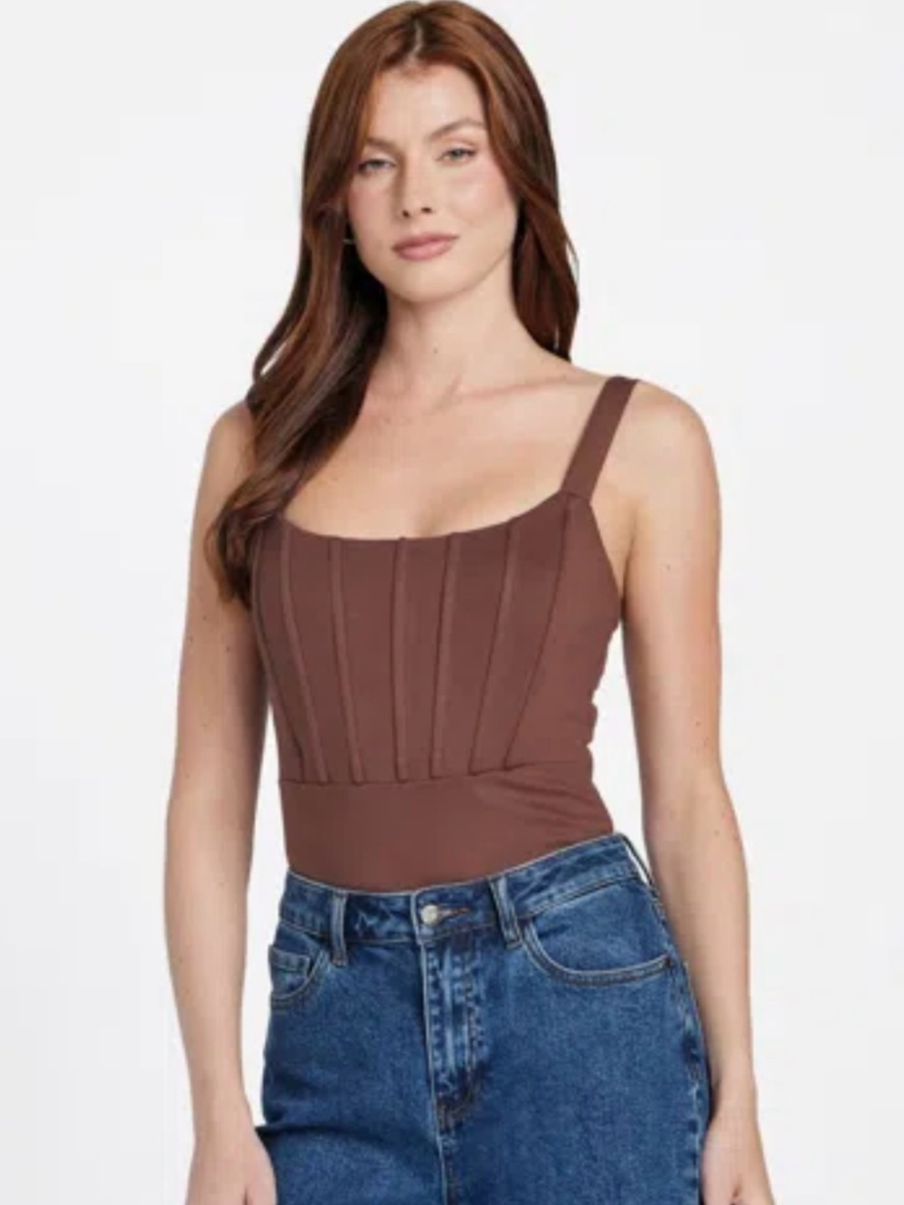 Guess Brown Structured Square-Neck Bodysuit